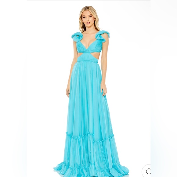 Mac Duggal  RUCHED RUFFLED SHOULDER CUT OUT LACE UP GOWN. Style 70254 size 2 - Picture 2 of 4